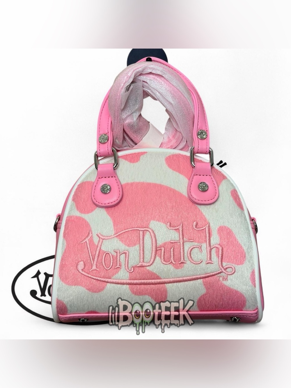 Von Dutch Pink Cow Print Faux Pony Hair Crossbody Bowling Bag NEW Y2K VIRAL
